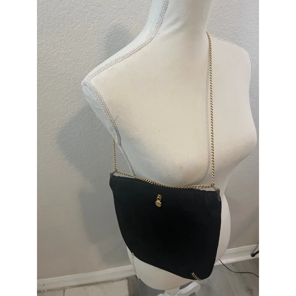 Vintage Ande 1960’s Black Suede Evening Bag Gold Double/Single Chain